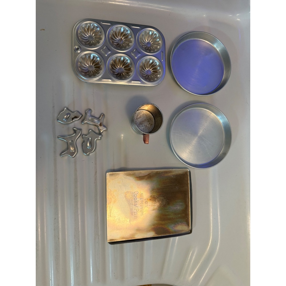 Vintage Toy Aluminum Baking Set Cooky Pan Muffin Tin Measuring Cup Cutters
